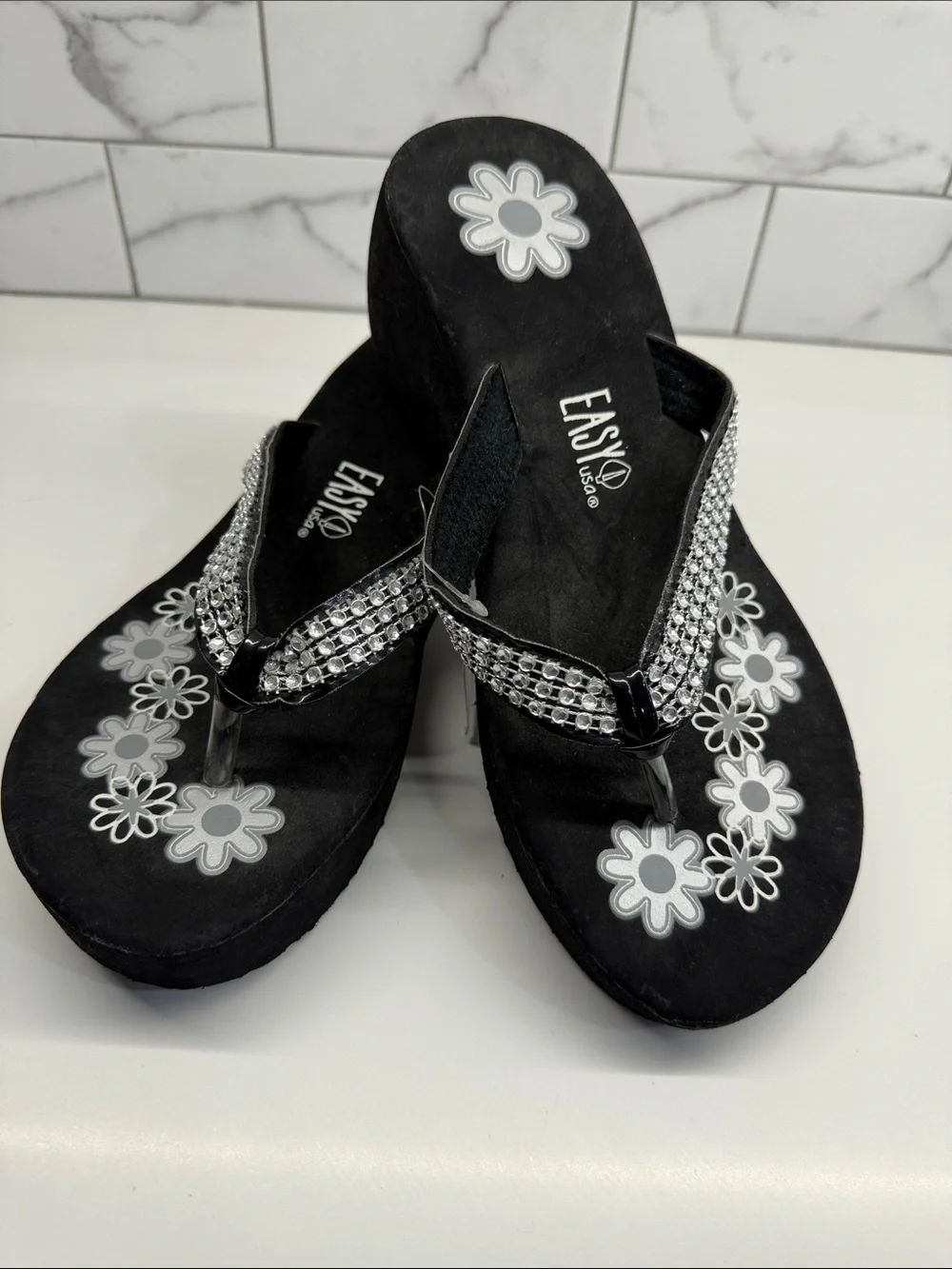 Easy USA Black Rhinestone Wedge Flip Flops